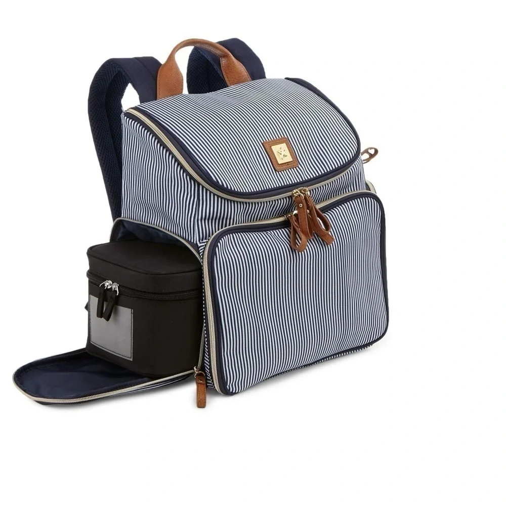Bananafish breast pump/diaper backpack navy and white pin stripes